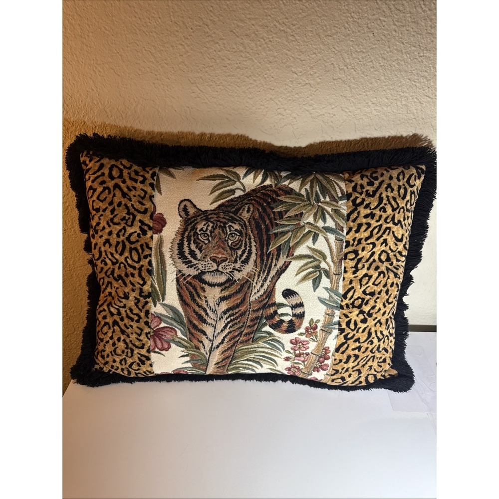 Vintage Ashford Court Tiger Tapestry Throw Pillow Velour Sides Back Jungle 22x15